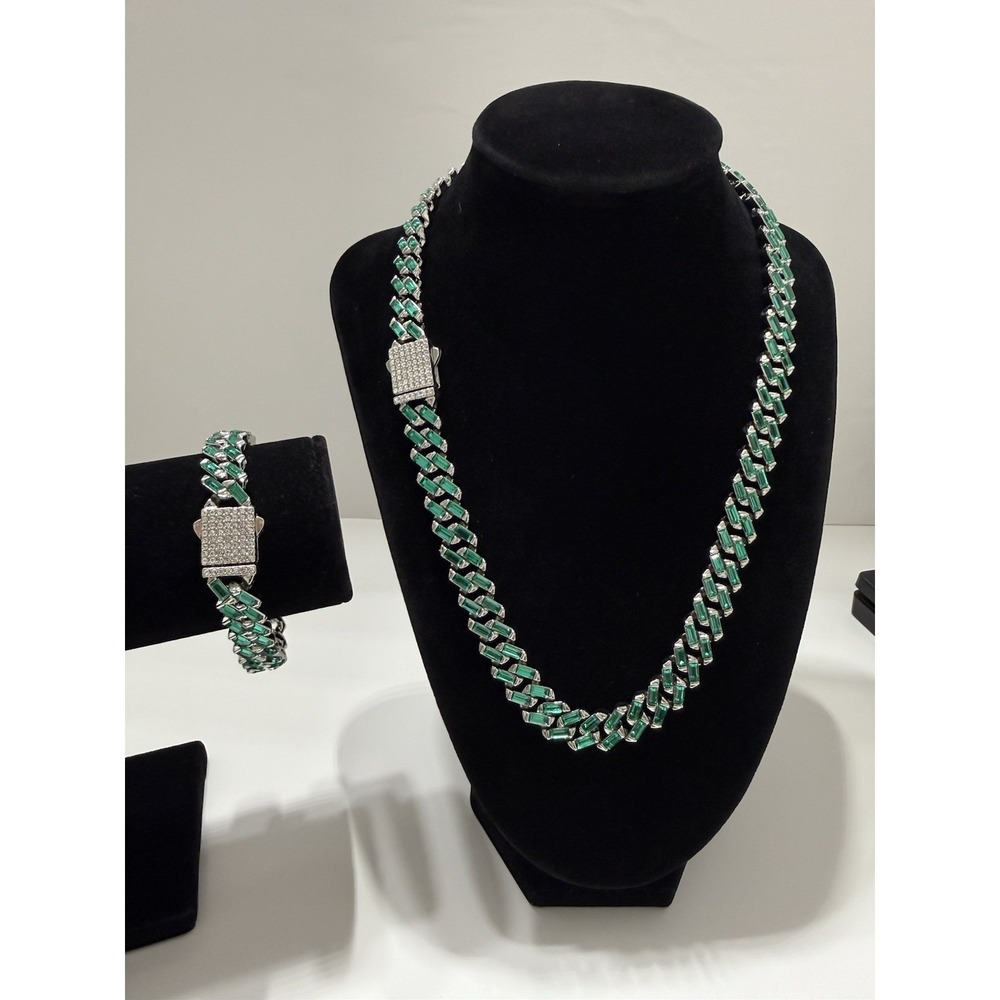 green iced out cuban necklace & bracelet, you get both, sizes 18 & 8 11.5mm